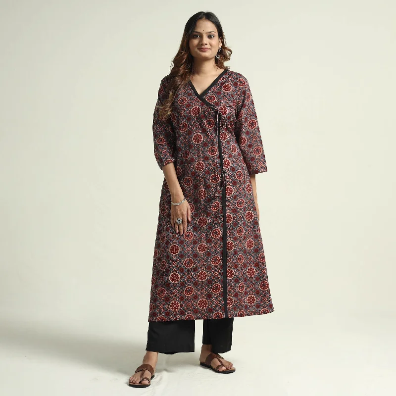 Value Deals Red - Block Print Cotton Flared Ajrakh Kurta with Palazzo Set