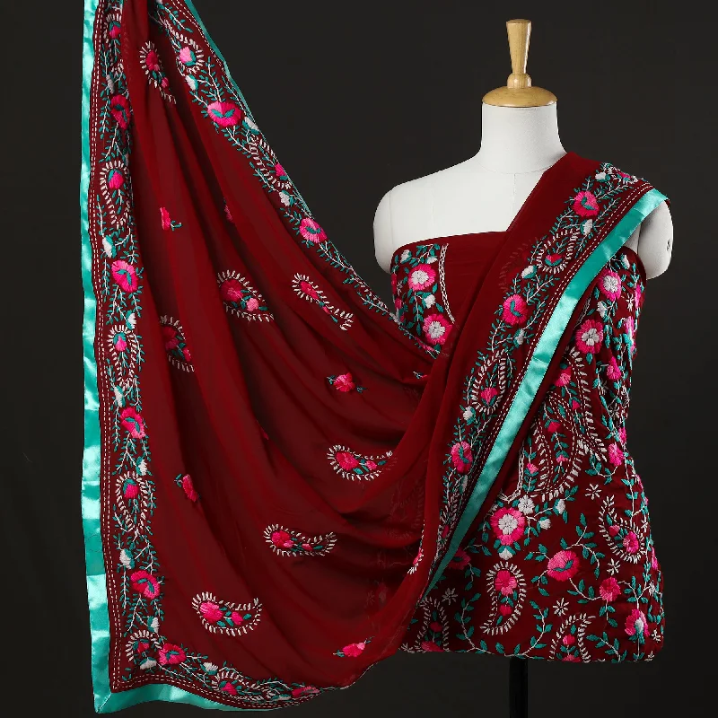 Inventory Reduction Maroon - 3pc Phulkari Embroidery Chapa Work Georgette Suit Material Set 53