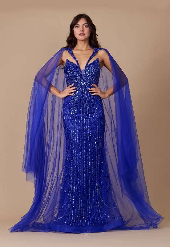 Unmissable Offer Long Sequin Cape Couture Evening Dress Royal