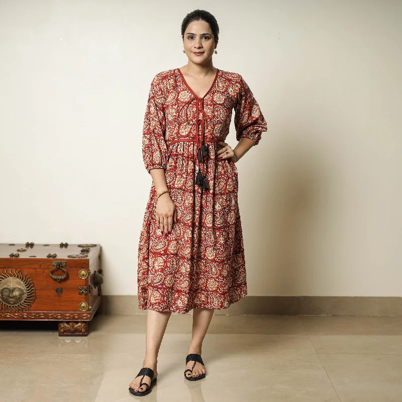 Deep Discounts Red - Bagru Block Printed Cotton Flared Dress 17