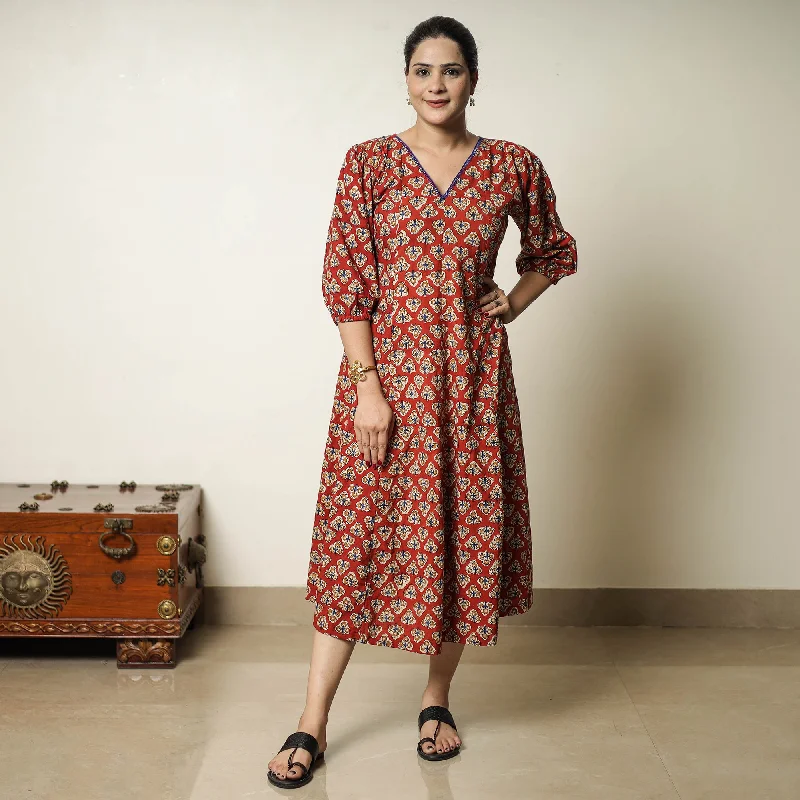 Stock Clearance Red - Bagru Block Printed Cotton Flared Dress 04