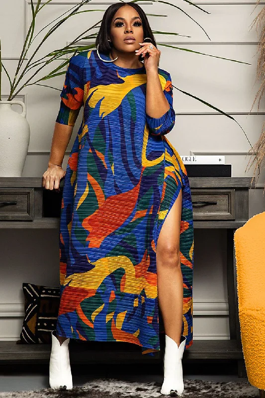 Best Bargains Long Side Slit Button Long Sleeve Pleat Maxi Dress