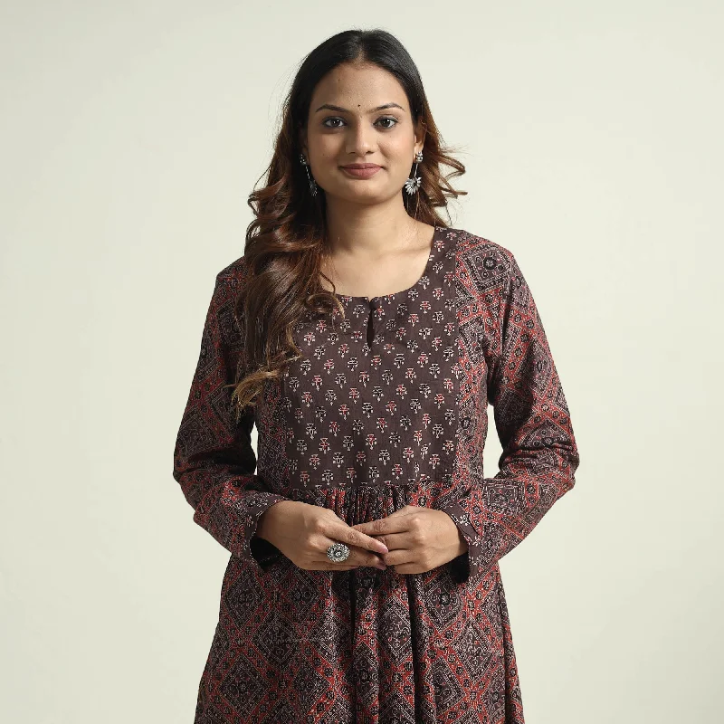 Sale Event Brown - Block Print Cotton Flared Ajrakh Kurta with Palazzo Set