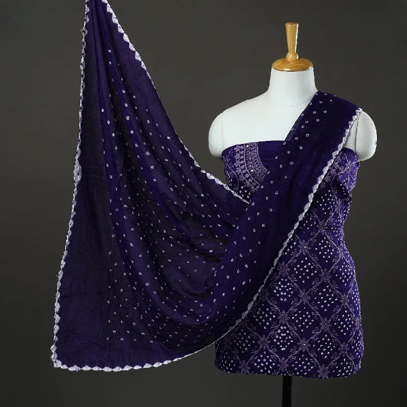 Low Prices Purple - 3pc Tie & Dye Satin Cotton Bandhani Dress Material 27