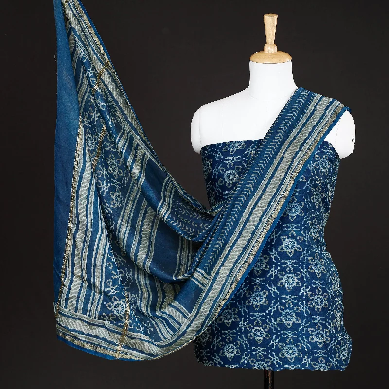 Warehouse Sale Blue - 3pc Akola Block Printed Chanderi Silk Suit Material Set
