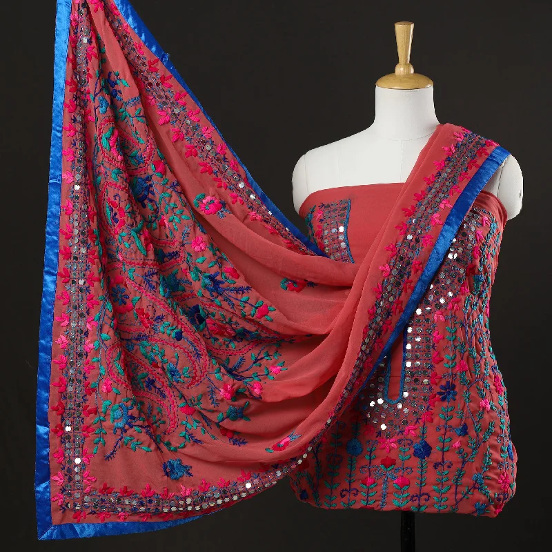 Price Slash Red - 3pc Phulkari Embroidery Chapa Work Georgette Suit Material Set 65 Price Slash Red - 3pc Phulkari Embroidery Chapa Work Georgette Suit Material Set 65