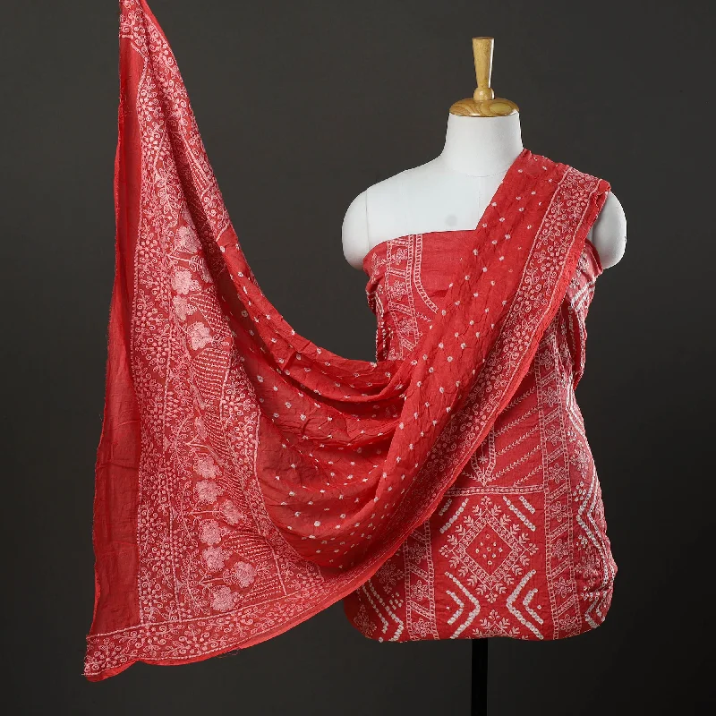 Low Prices Red - 3pc Kutch Tie-Dye Satin Cotton Bandhni Dress Material 49