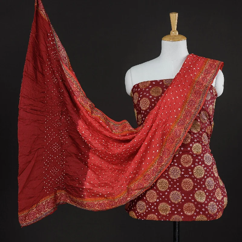 Year-End Sale Red - 3pc Kutch Bandhani Tie-Dye Heavy Work Gajji Silk Suit Material Set Year-End Sale Red - 3pc Kutch Bandhani Tie-Dye Heavy Work Gajji Silk Suit Material Set