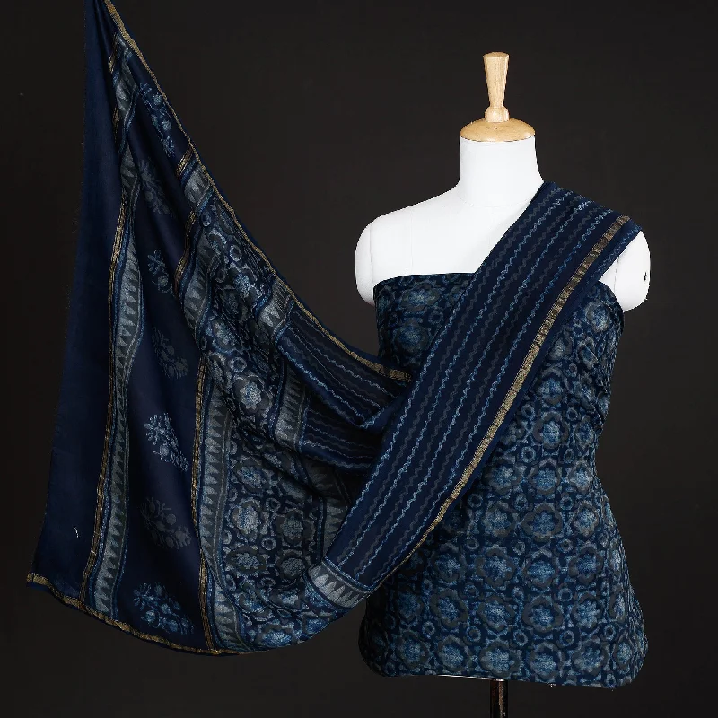Buy Now Blue - 3pc Akola Block Printed Chanderi Silk Suit Material Set