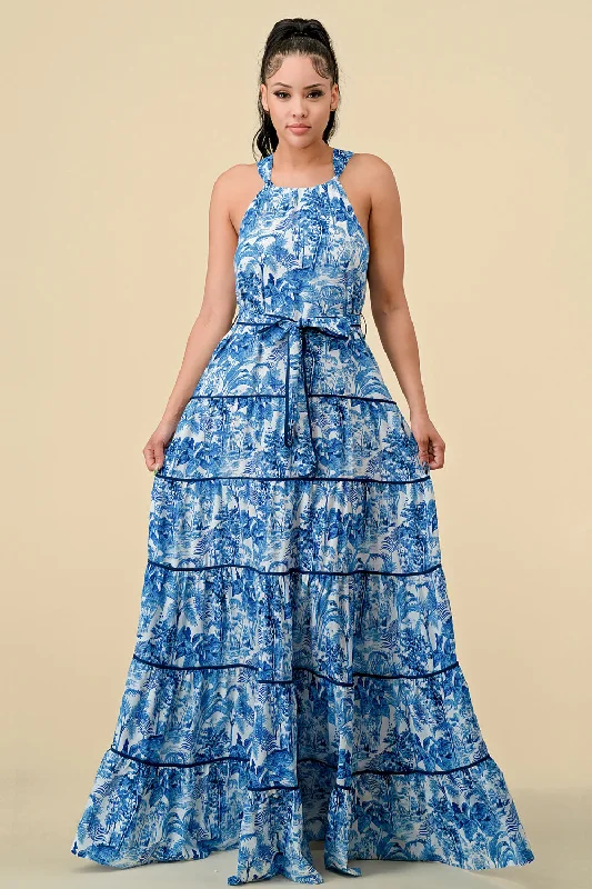Time-Limited Offer Long Halter Tiered Printed Maxi Dress