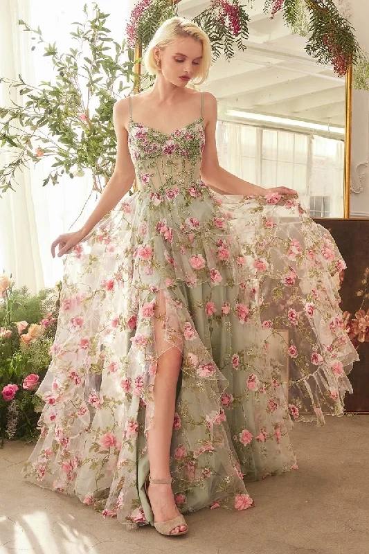 Huge Discounts Andrea & Leo A1420 Long Floral Printed A Line Formal Prom Dress