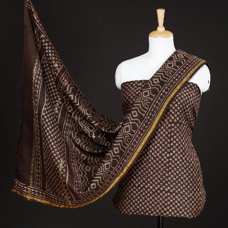Limited Availability Brown - 3pc Akola Block Printed Chanderi Silk Suit Material Set