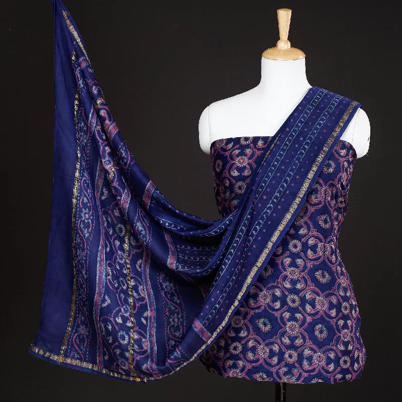 Price Drop Alert Purple - 3pc Akola Block Printed Chanderi Silk Suit Material Set