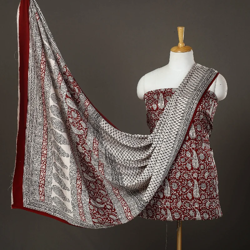 Stock Clearance Red - 3pc Modal Silk Bagh Print Suit Material Set 05
