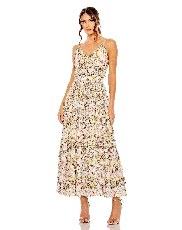 Markdowns Mac Duggal 8026 Long Spaghetti Strap Floral Print Formal Dress