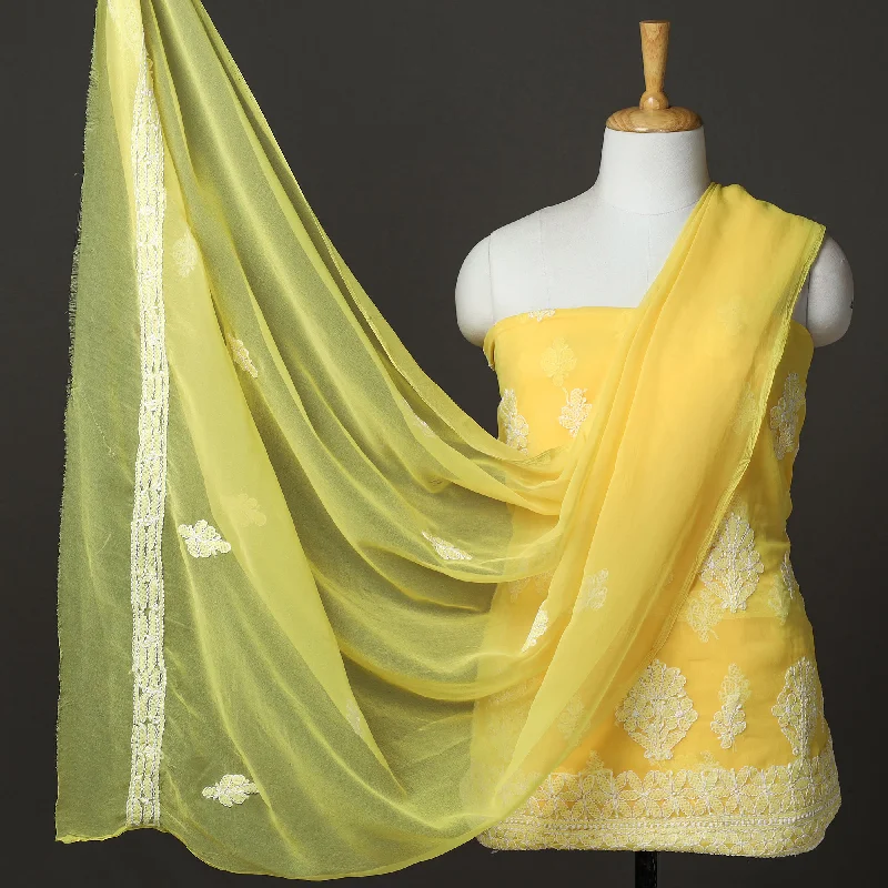 Last Chance Yellow - 3pc Lucknow Chikankari Hand Embroidery Georgette Suit Material Set 25