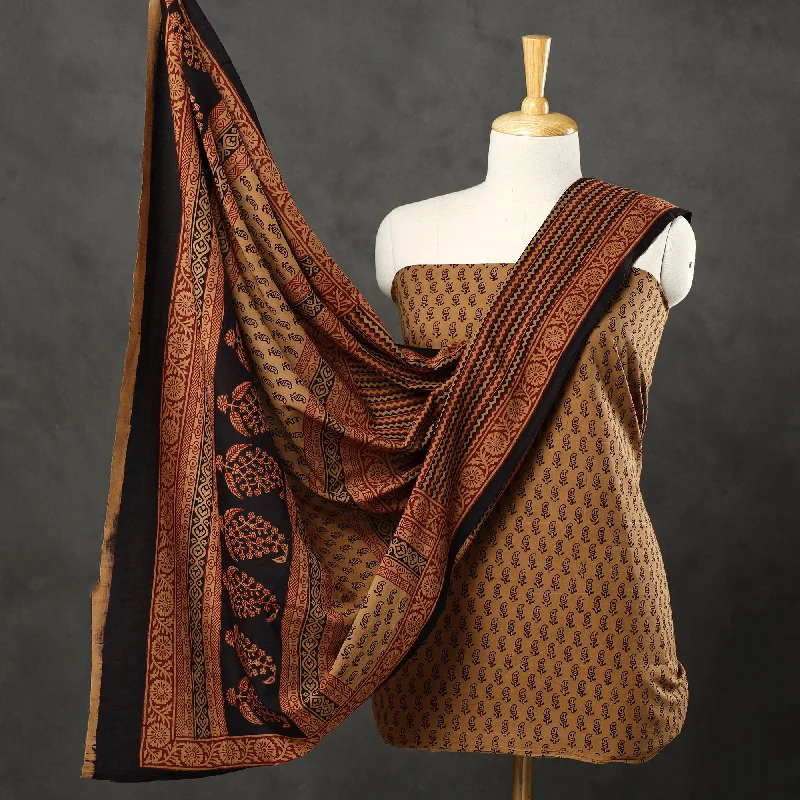 Clearance Sale Brown - 3pc Bagh Print Cotton Dress Material Set 44