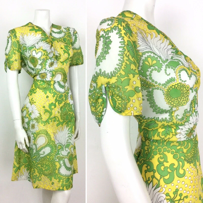 Year-End Sale PSYCHEDELIC 70S VINTAGE YELLOW GREEN WHITE FLORAL DRESS 14
