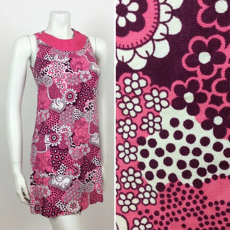 Buy Now VINTAGE 60S COTTON PINK PURPLE PSYCHEDELIC FLORAL MINI DRESS  8 10