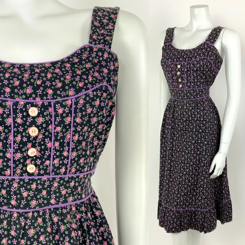 Seasonal Sale VTG 60s 70s BLACK PINK PURPLE WHITE GREEN FLORAL DITSY FOLK PRAIRIE DRESS 8 10