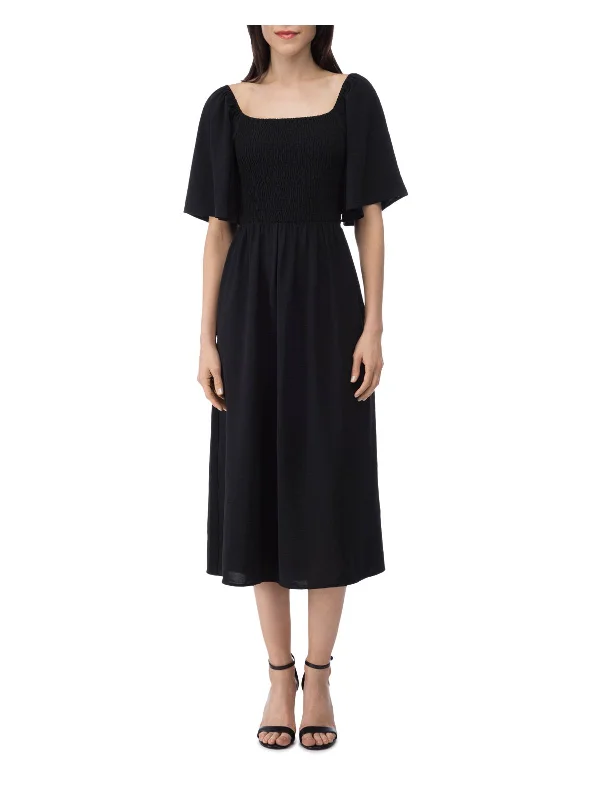 Today’s Deal B COLLECTION Womens Black Stretch Smocked Sheer Flutter Sleeve Square Neck Midi Wear To Work Sheath Dress Today’s Deal B COLLECTION Womens Black Stretch Smocked Sheer Flutter Sleeve Square Neck Midi Wear To Work Sheath Dress