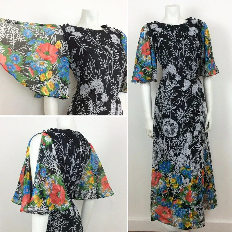 Final Sale 70S VINTAGE BLACK WHITE GARDEN PRINT FLARED FLUTTED SLEEVE MAXI DRESS 14