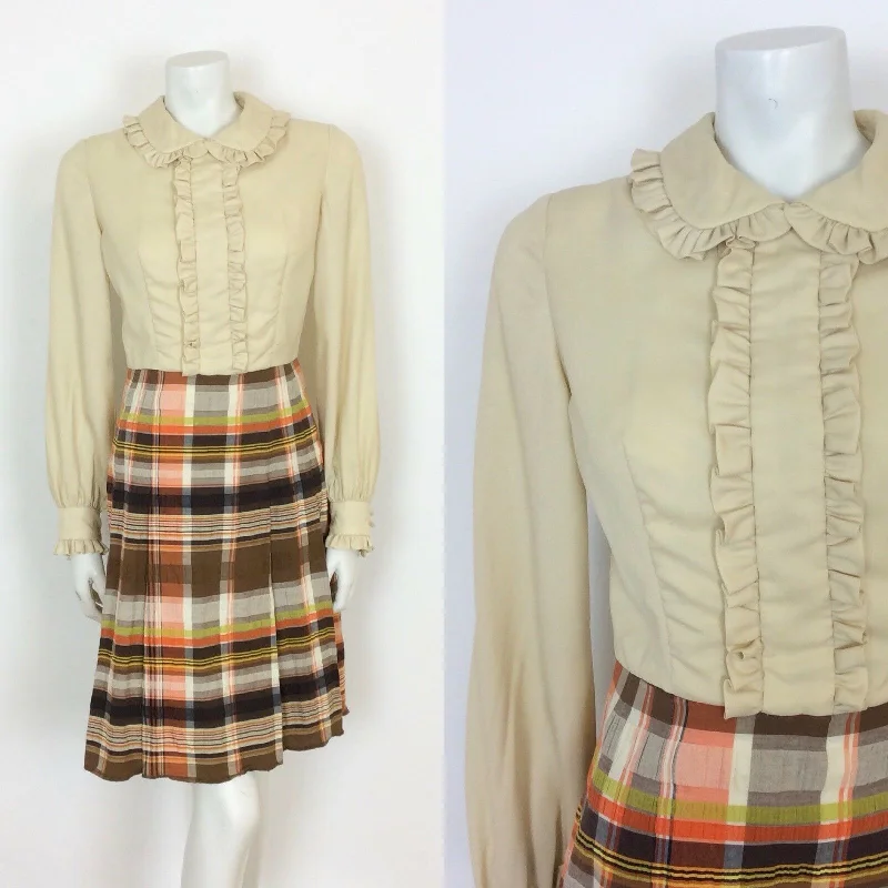 Overstock VINTAGE 60S CREAM,BROWN  PLAID TARTAN MAD MEN SECRETARY DAY DRESS 8 10