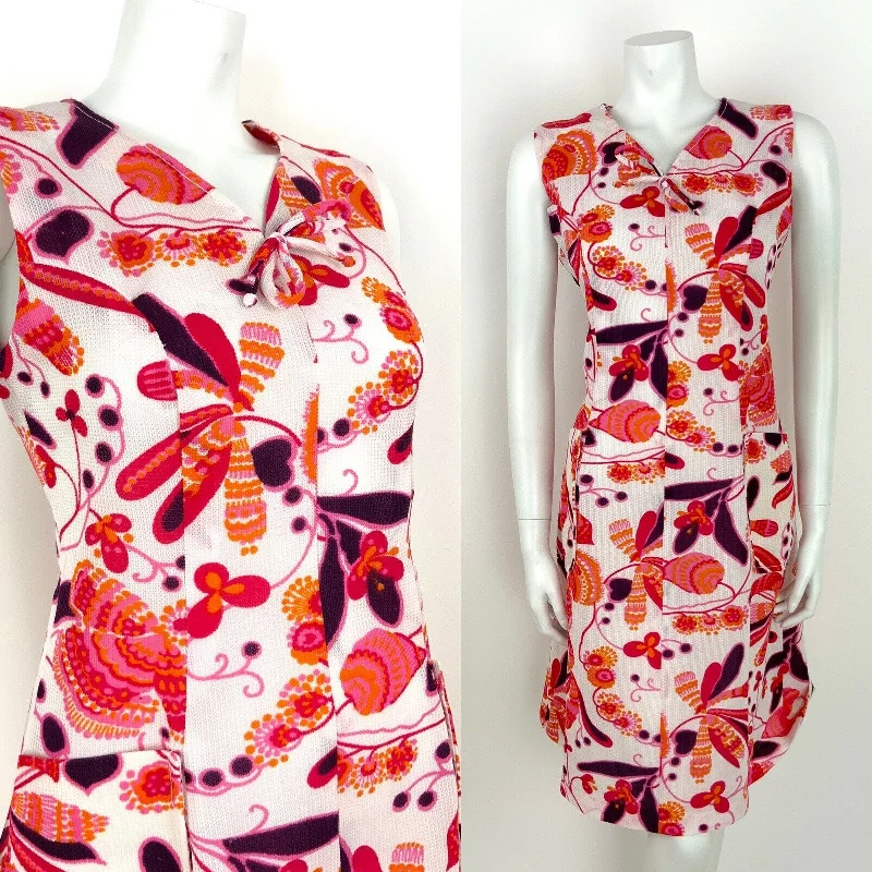 Markdowns VINTAGE 60s 70s PSYCHEDELIC FLORAL SUMMER DRESS WHITE RED PINK PURPLE 10 12