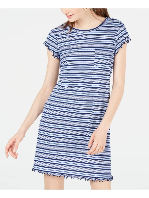 Act Now ULTRA FLIRT Womens Blue Pocketed Lettuce Hem Striped Short Sleeve Short Dress Act Now ULTRA FLIRT Womens Blue Pocketed Lettuce Hem Striped Short Sleeve Short Dress