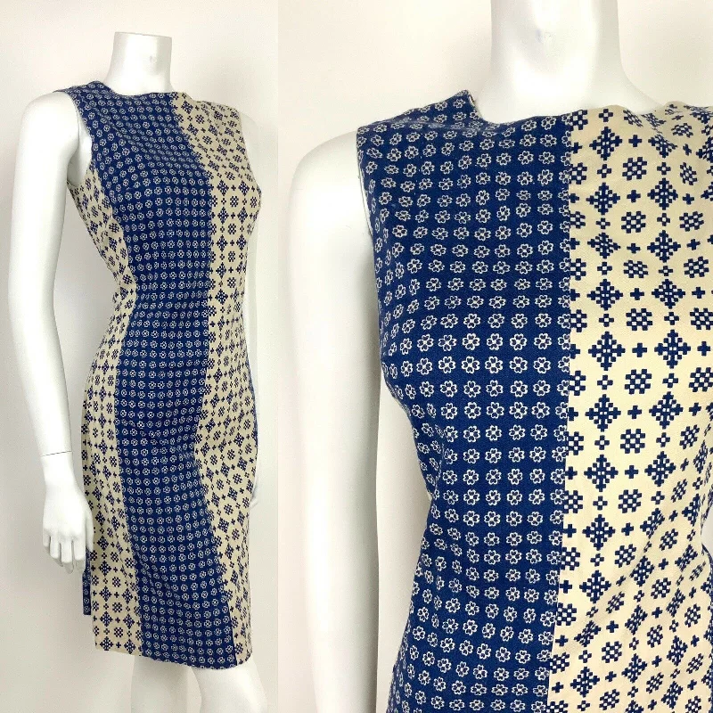 Bonus Savings VINTAGE 60s 70s NAVY BLUE CREAM WHITE FLORAL ABSTRACT SHEATH DRESS 10 12