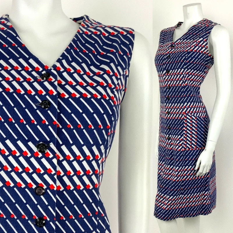 Price Slash VINTAGE 60s 70s BLUE WHITE RED GEOMETRIC STRIPED MOD DRESS 12 14