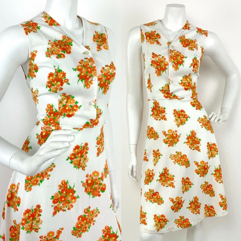 Amazing Deals VINTAGE 60s 70s WHITE ORANGE YELLOW RED FLORAL SWING DRESS 10