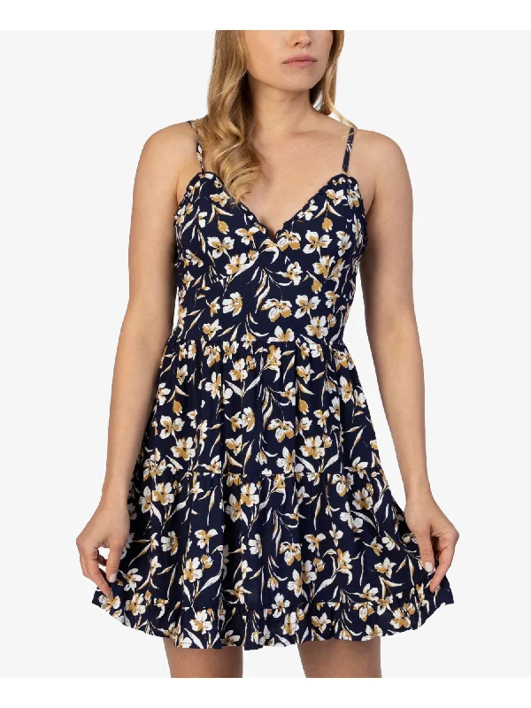 Deal Mania SPEECHLESS Womens Navy Stretch Ruffled Zippered Floral Spaghetti Strap V Neck Short Fit + Flare Dress Deal Mania SPEECHLESS Womens Navy Stretch Ruffled Zippered Floral Spaghetti Strap V Neck Short Fit + Flare Dress