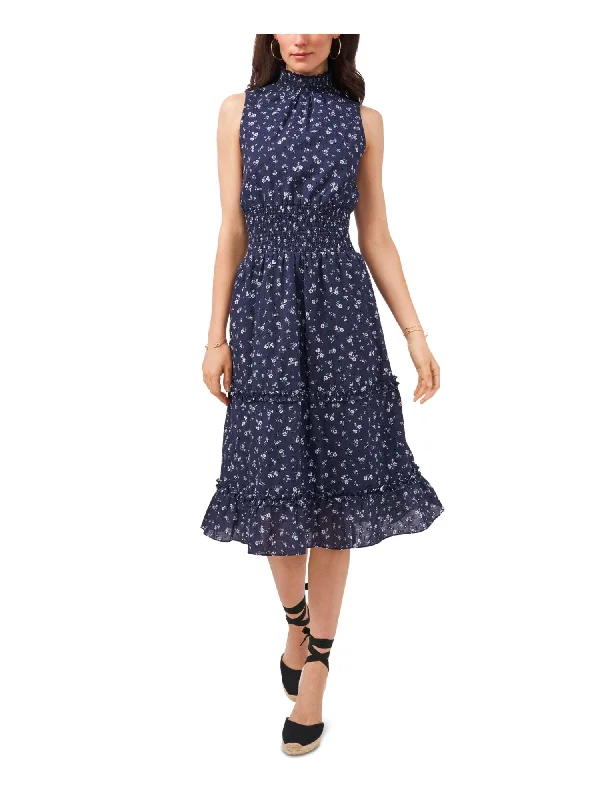 Act Fast 1. STATE Womens Navy Eyelet Smocked Floral Sleeveless Mock Neck Above The Knee Wear To Work Fit + Flare Dress Act Fast 1. STATE Womens Navy Eyelet Smocked Floral Sleeveless Mock Neck Above The Knee Wear To Work Fit + Flare Dress