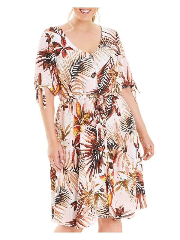 While Supplies Last ESTELLE Womens Belted Floral Short Sleeve With Buttons Above The Knee Evening Fit + Flare Dress While Supplies Last ESTELLE Womens Belted Floral Short Sleeve With Buttons Above The Knee Evening Fit + Flare Dress