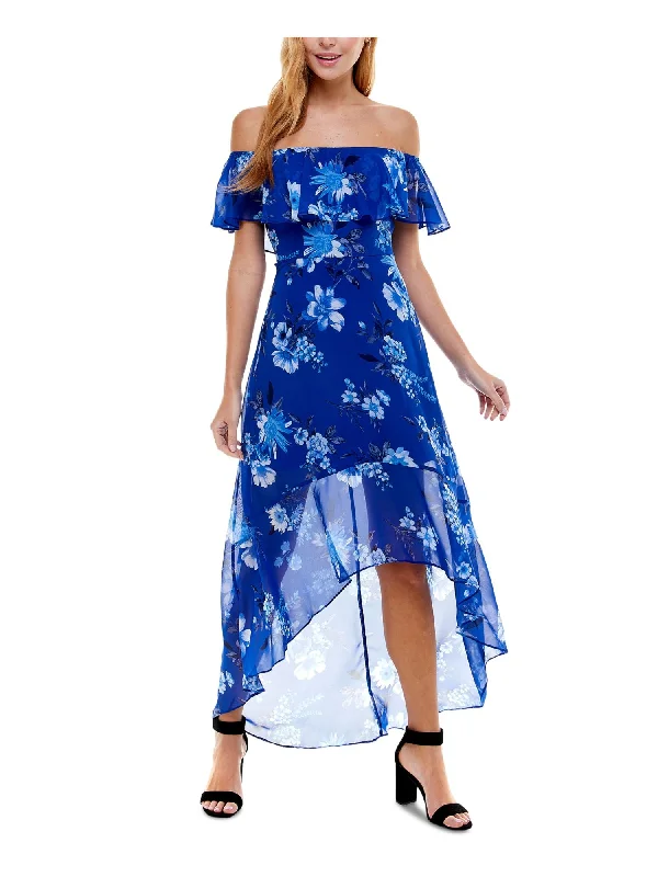 Flash Sale CRYSTAL DOLLS Womens Blue Zippered Ruffled Chiffon Floral Flutter Sleeve Off Shoulder Full-Length Cocktail Hi-Lo Dress Flash Sale CRYSTAL DOLLS Womens Blue Zippered Ruffled Chiffon Floral Flutter Sleeve Off Shoulder Full-Length Cocktail Hi-Lo Dress