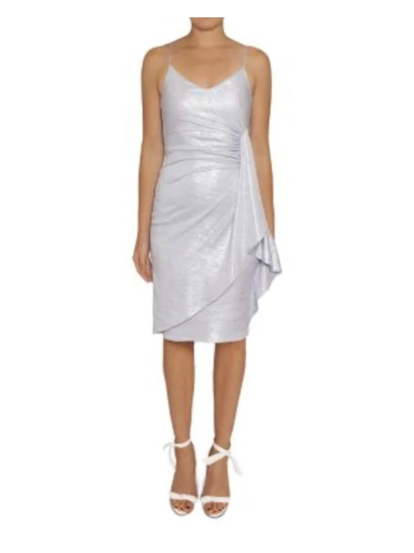 Special Discount BLACK HALO Womens Light Blue Metallic Gathered Drape Front Zippered Speckle Spaghetti Strap V Neck Knee Length Cocktail Sheath Dress Special Discount BLACK HALO Womens Light Blue Metallic Gathered Drape Front Zippered Speckle Spaghetti Strap V Neck Knee Length Cocktail Sheath Dress