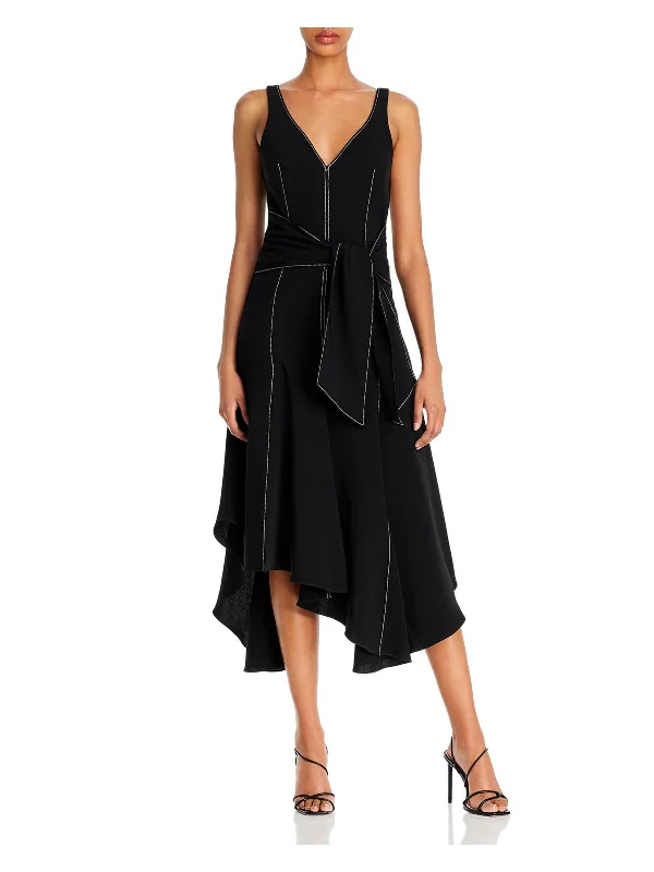 Exclusive Preview 5 A 7 Womens Black Zippered Pleated Handkerchief Hem Tie Front Sleeveless V Neck Midi Evening Fit + Flare Dress Exclusive Preview 5 A 7 Womens Black Zippered Pleated Handkerchief Hem Tie Front Sleeveless V Neck Midi Evening Fit + Flare Dress