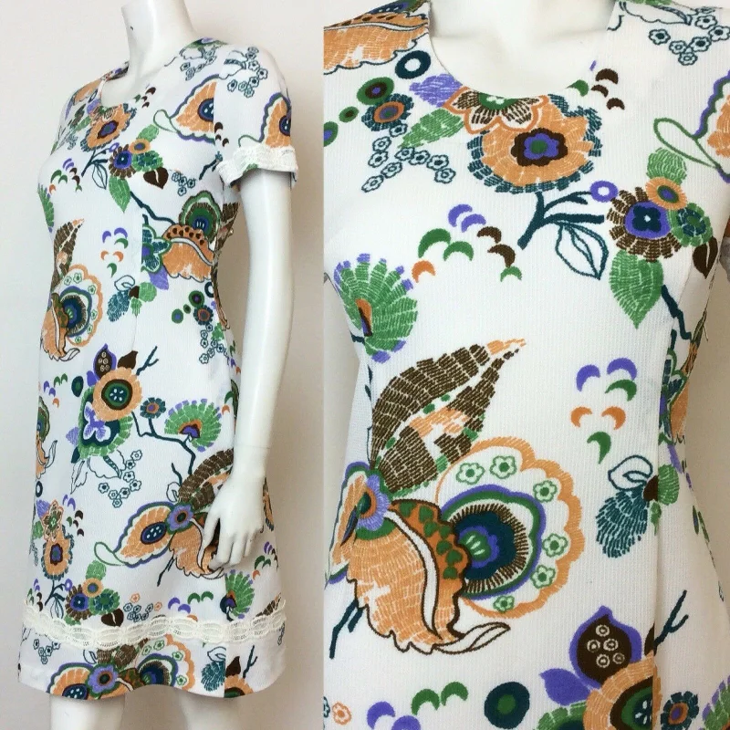 The Best Prices VINTAGE 60S FLORAL MINI DRESS WHITE ORANGE BROWN GREEN PURPLE 10 12