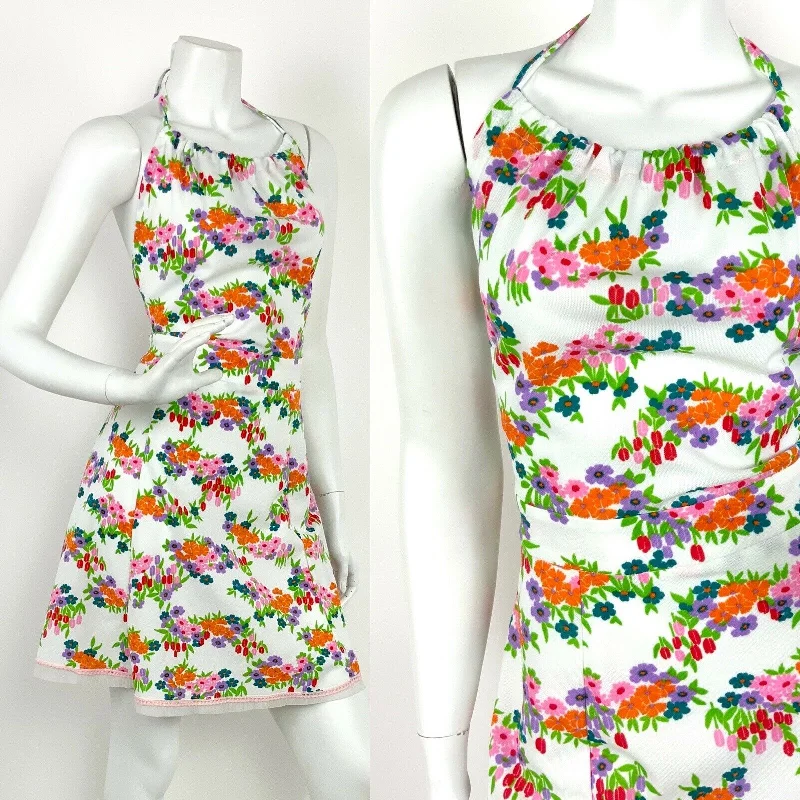 Midnight Sale VINTAGE 60s 70s WHITE PINK ORANGE PURPLE GREEN FLORAL DAISY HALTER MINI DRESS 12