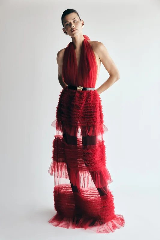 Seasonal Sale Minka Mesh Ruffle Halter Maxi Dress - Red