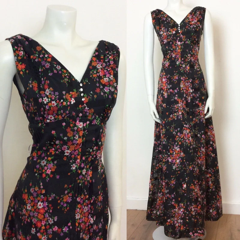 Warehouse Sale VINTAGE 1970s SLEEVELESS BLACK DITSY FLORAL MAXI DRESS DIAMANTE BUTTONS 8 10 Warehouse Sale VINTAGE 1970s SLEEVELESS BLACK DITSY FLORAL MAXI DRESS DIAMANTE BUTTONS 8 10