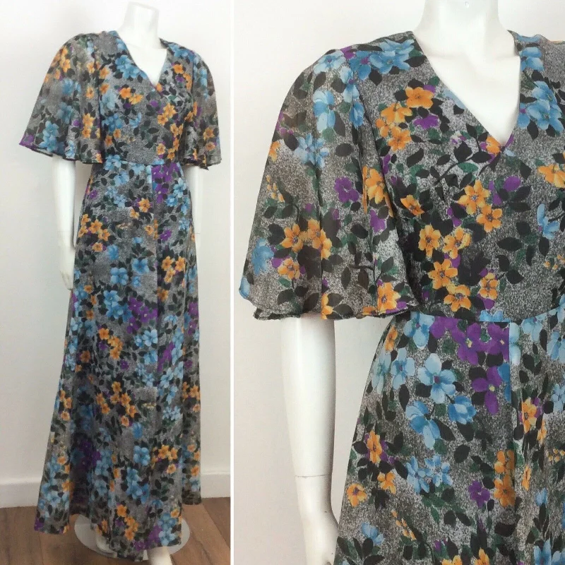 Bonus Savings 70S VINTAGE GREY GREEN BLUE PURPLE YELLOW FLOWER MAXI DRESS 10