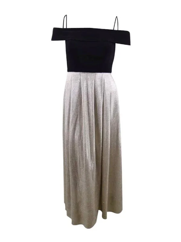 Price Reduction MORGAN & CO Womens Black Zippered Metallic Pleated Pocketed Gown Short Sleeve Off Shoulder Maxi Formal Fit + Flare Dress