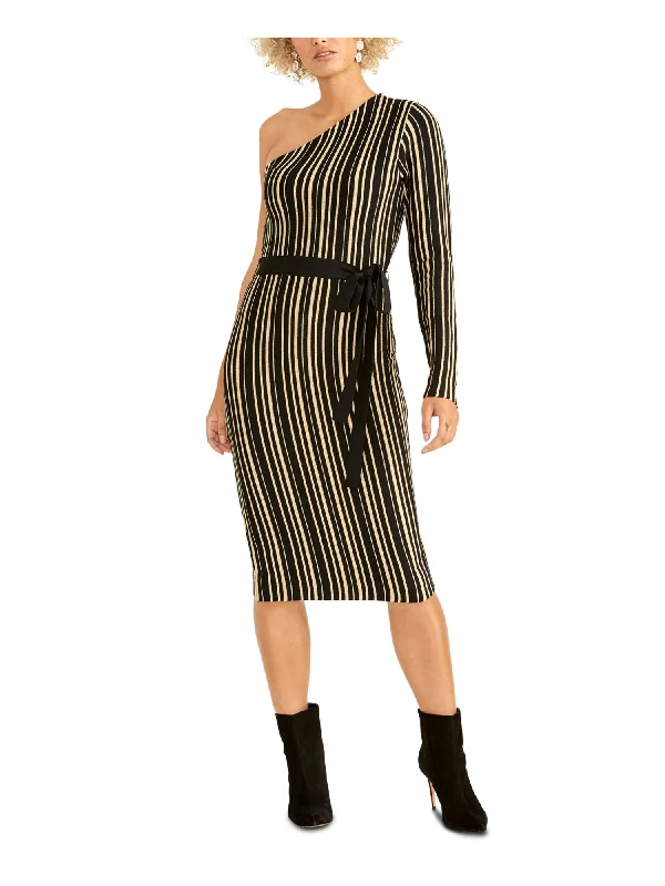 Price Smash RACHEL ROY Womens Belted Striped Long Sleeve Asymmetrical Neckline Knee Length Sheath Dress