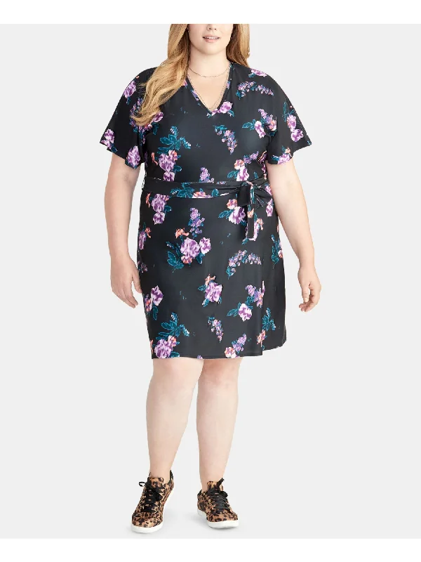 Deal Zone RACHEL ROY Womens Belted Floral Short Sleeve V Neck Knee Length Wrap Dress