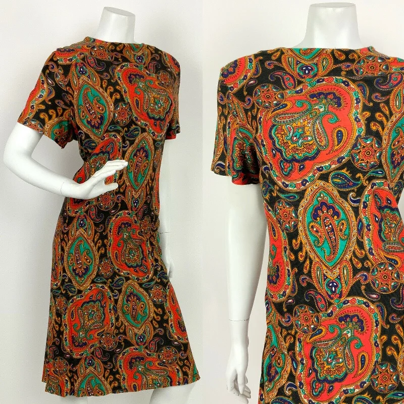 Super Deal VTG 60s 70s BLACK RED GREEN BLUE PAISLEY FLORAL PSYCHEDELIC SHIFT DRESS 12 14