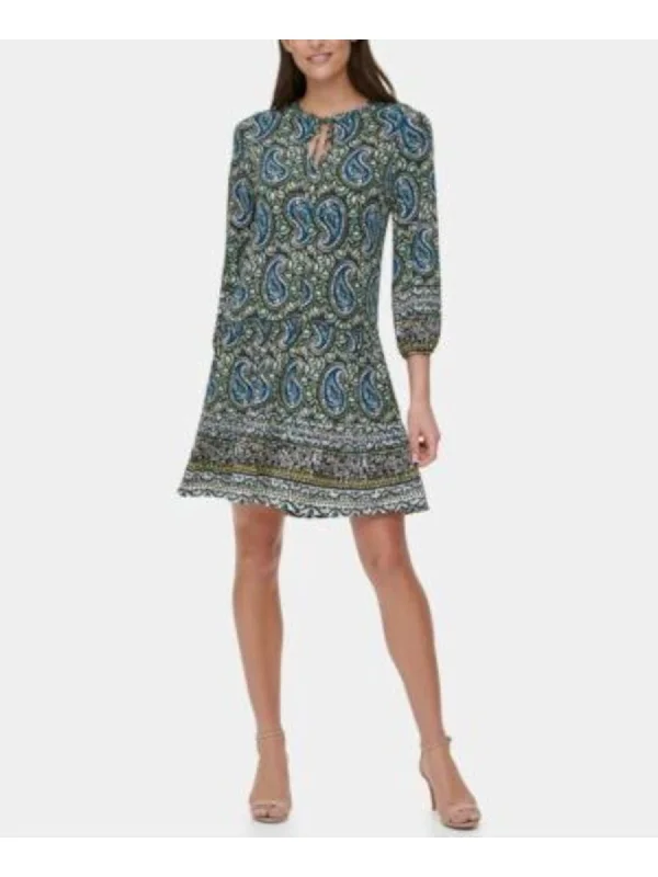 Extra Savings TOMMY HILFIGER Womens Stretch Paisley 3/4 Sleeve Tie Neck Above The Knee Wear To Work Fit + Flare Dress
