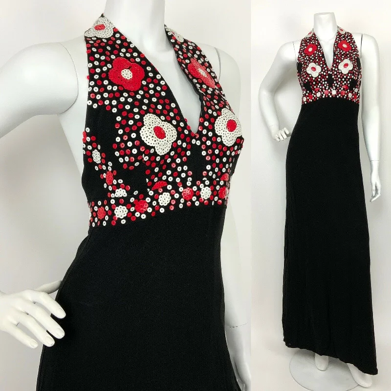 Take Advantage VTG 60s 70s BLACK RED WHITE SEQUIN DAISY FLOWER SHEER HALTER MAXI DRESS 6 Take Advantage VTG 60s 70s BLACK RED WHITE SEQUIN DAISY FLOWER SHEER HALTER MAXI DRESS 6