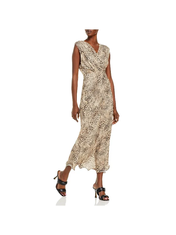 Special Promotion ART DEALER Womens Beige Pleated Zippered Ruffled Animal Print Sleeveless Surplice Neckline Maxi Evening Dress Special Promotion ART DEALER Womens Beige Pleated Zippered Ruffled Animal Print Sleeveless Surplice Neckline Maxi Evening Dress